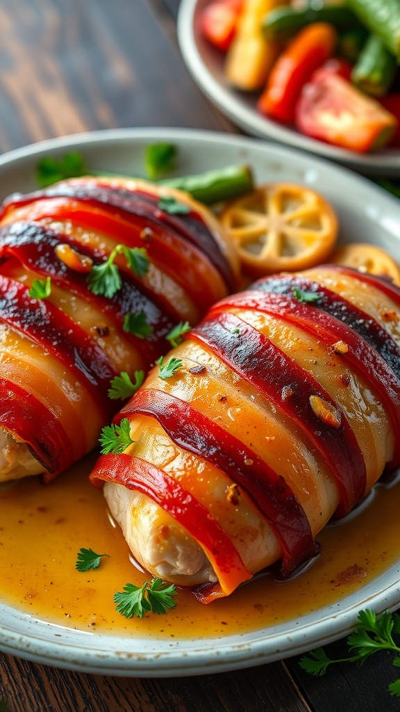 Bacon-wrapped chicken breast on a plate, garnished with parsley and accompanied by roasted vegetables.